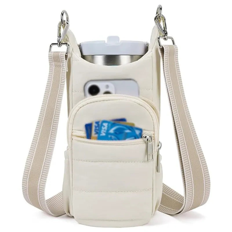 Cloth water bottle bag for bicycles in black, pink, or beige colours