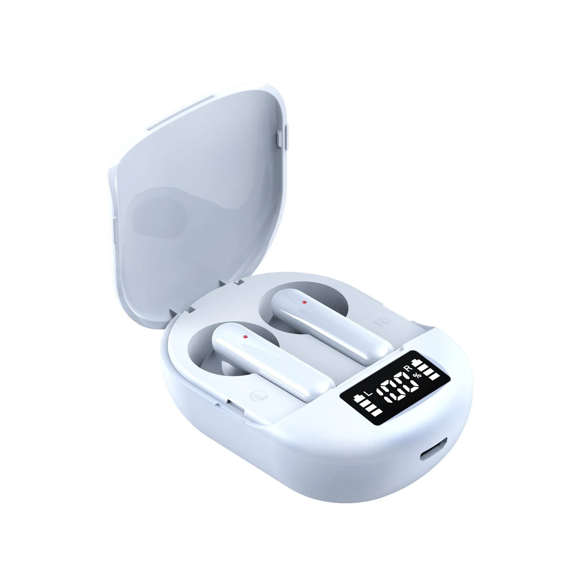 Black and white wireless Bluetooth in-ear headphones with digital display screen next to their charging case.