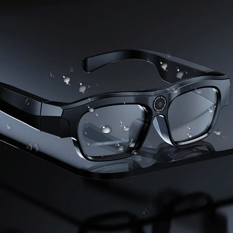 Black smart Bluetooth glasses with transparent lenses for head-mounted video recording