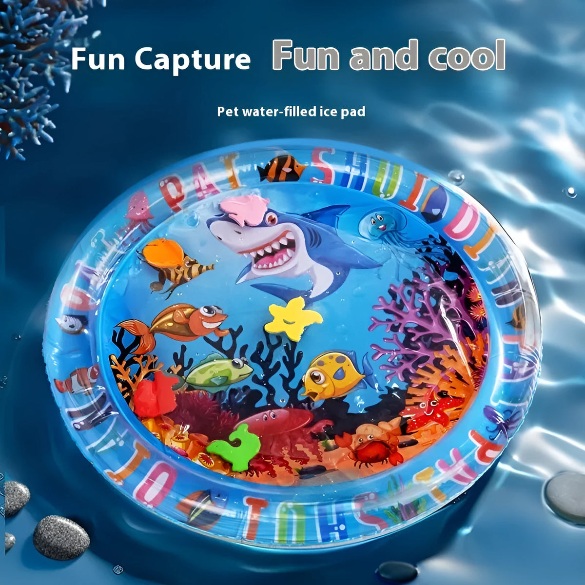 PVC inflatable water cooling mattress for pets in Underwater World or Dolphin design