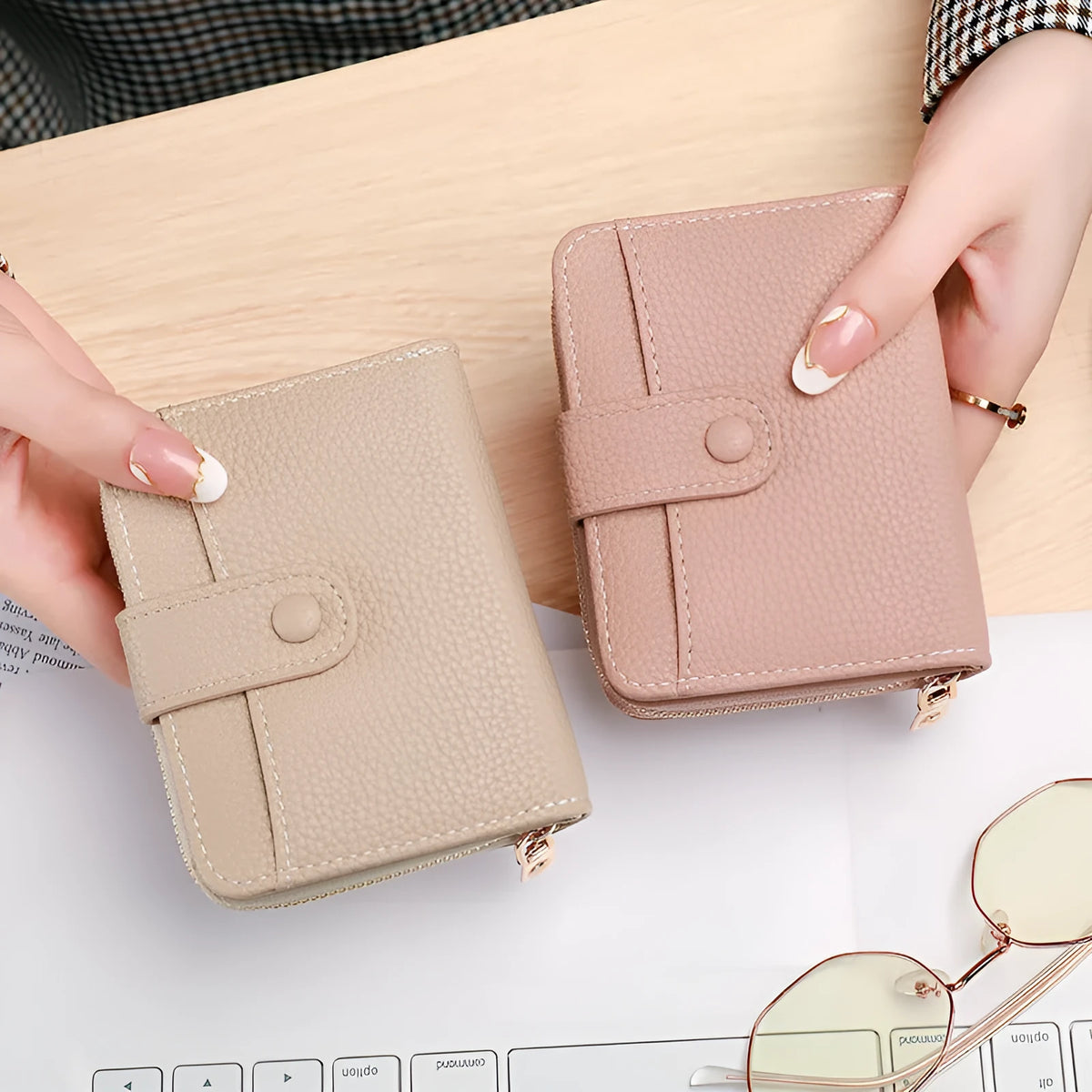 Beige women's short PU wallet with lychee pattern and visible stitching