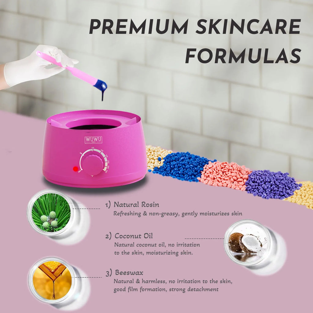 Professional 52-piece waxing kit with hard wax beans, warmer, lotion, and tools for face and body hair removal.