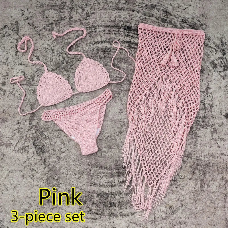 Handmade crochet bikini swimsuit set with matching beach skirt in acrylic fabric