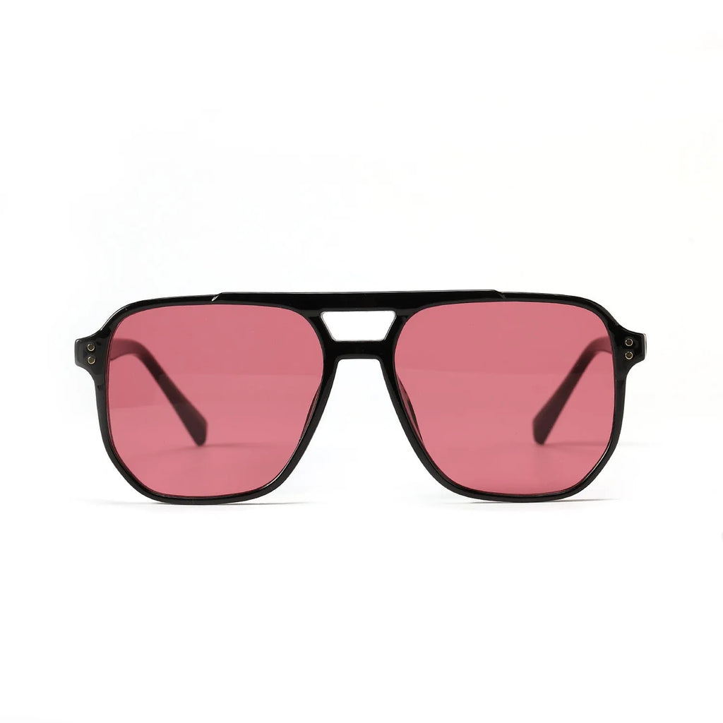 Square double beam sunglasses for women in black frame with pink lens, UV400 protection.