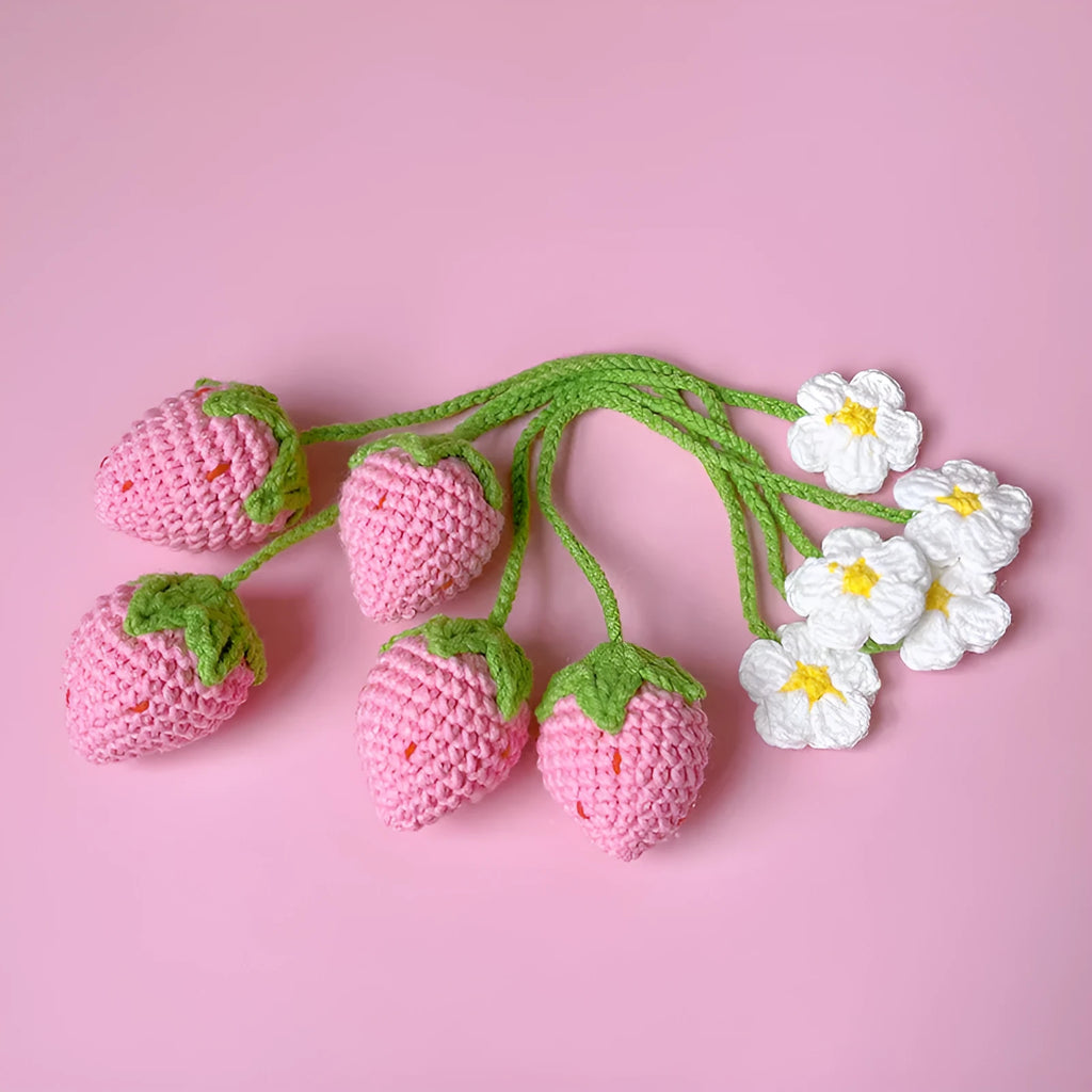 Wool crochet strawberry pendant necklace in pink or red colour with 35cm chain length