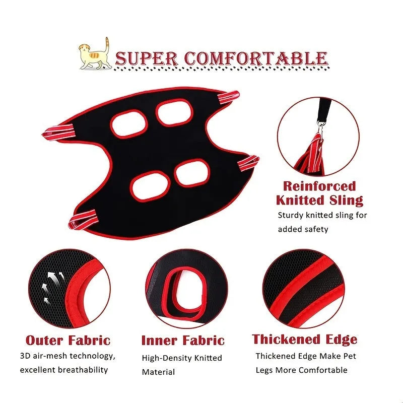 A suspended nylon mesh pet grooming hammock with a top zipper, hanging from its adjustable strap.