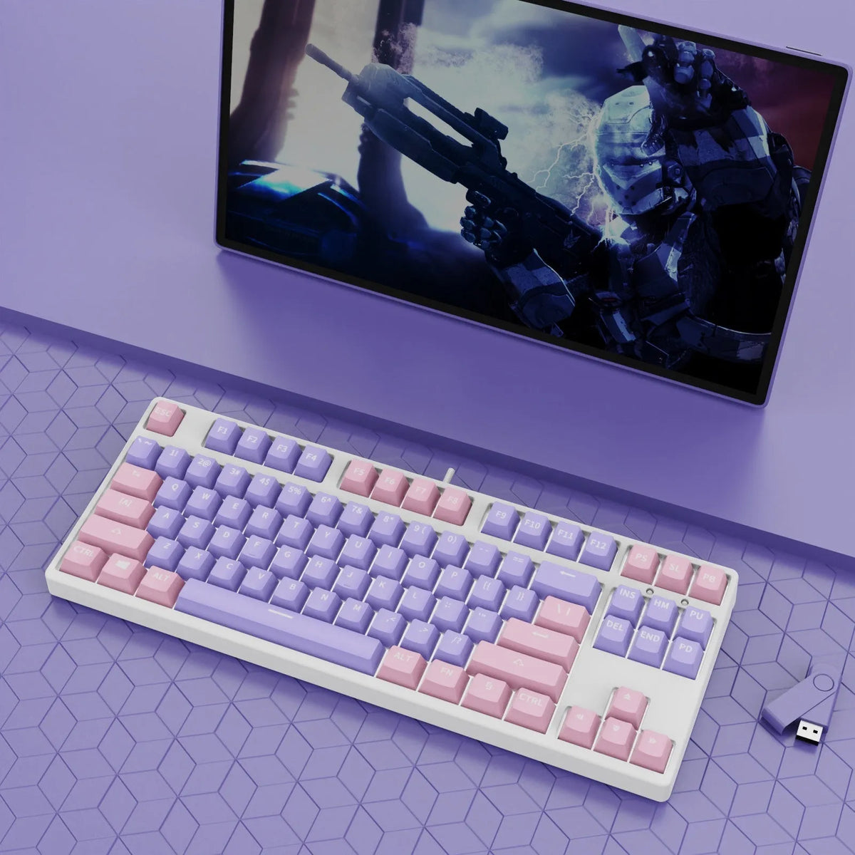 87 key wired mechanical keyboard with hot-swappable switches showing dual-colour keycap theme on metal body
