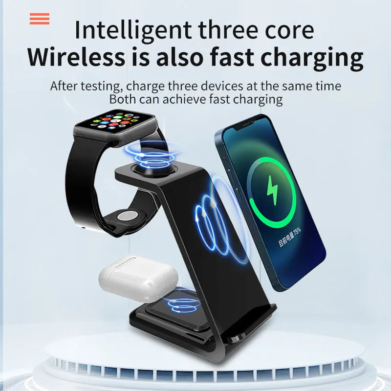 Black and white 3-in-1 upright wireless charging phone holder with Type-C cable