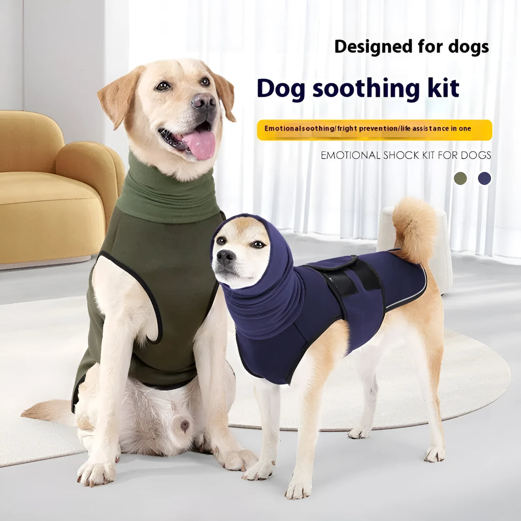 Army green polyester dog calming jacket vest for anxiety on a medium-sized dog.