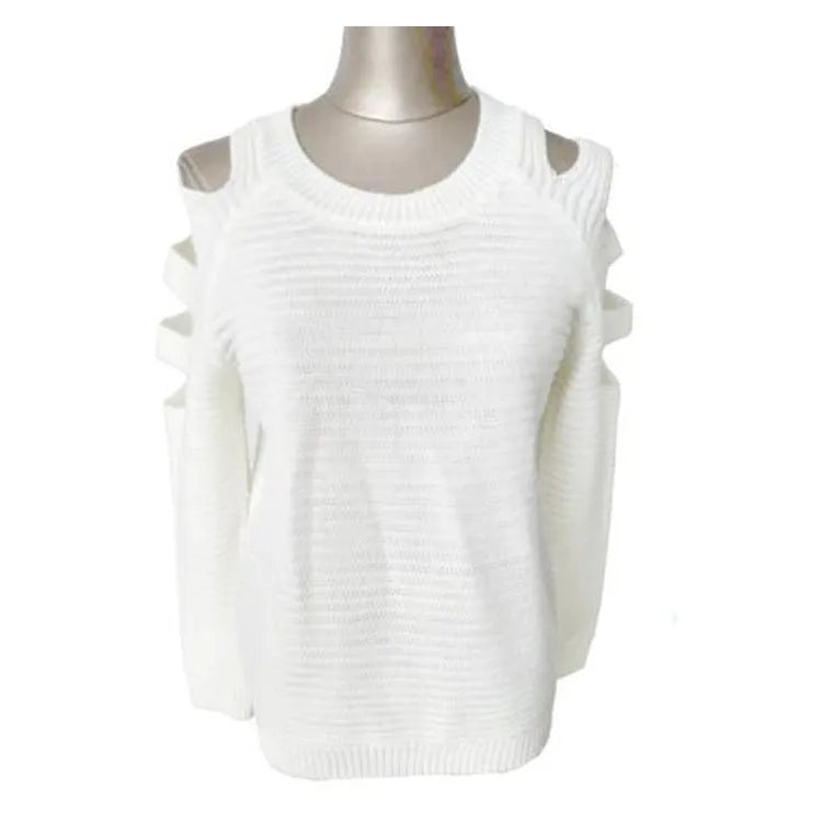 Women's grey hollow out knitted pullover top with round neck and long sleeves laid flat.