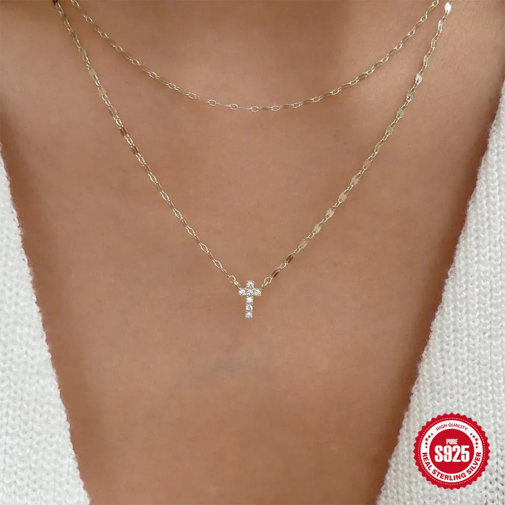 S925 sterling silver double layer twin diamond cross pendant necklace on clavicle chain