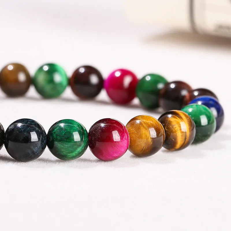 Colourful tiger-eye stone bracelet with mixed 6mm, 8mm, 10mm, 12mm beads on string