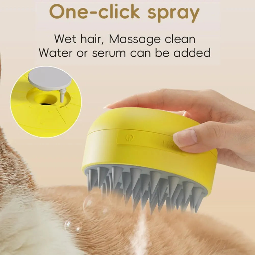 Rechargeable cat steam brush with green silicone bristles and ergonomic handle