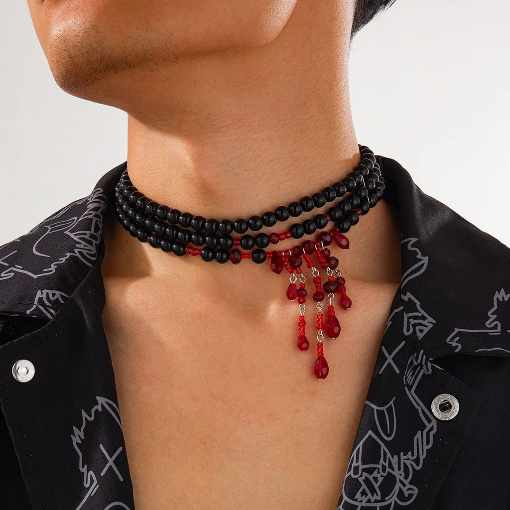 Men's Halloween blood drop tassel necklace with geometric crystal pendant and pearl elements on regular chain