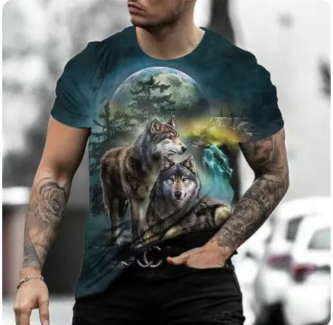 Retro 3D animal print on a men's short-sleeved light grey pullover T-shirt.