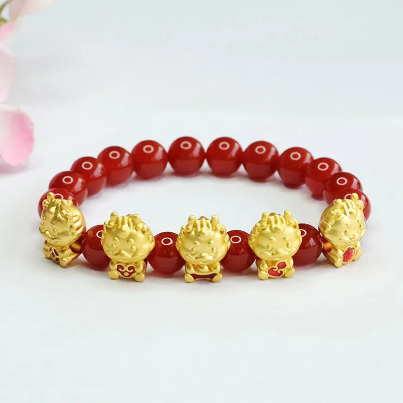 Natural red agate bracelet with Five Blessing Dragon design and 8mm beads.