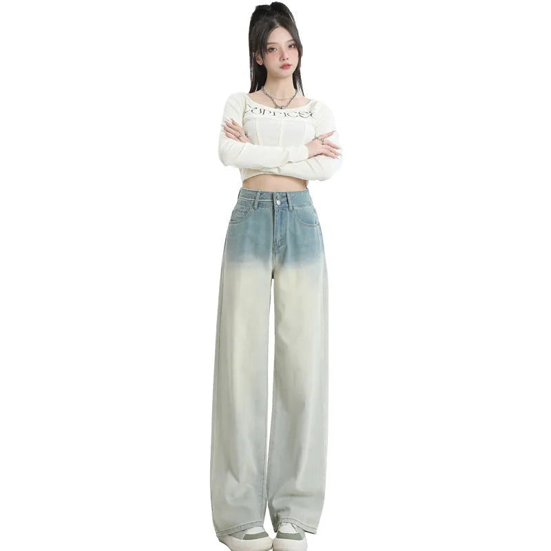 Gradient blue women's straight-leg wide-cut denim trousers laid flat
