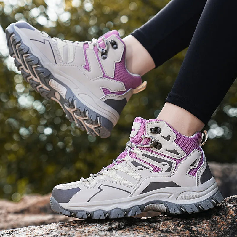 Low top hiking sneakers with rubber sole and flannel upper in black gray light brown pink or purple for mountain climbing