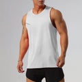 Men's solid colour quick-dry sports top in polyester blend fabric on size chart background