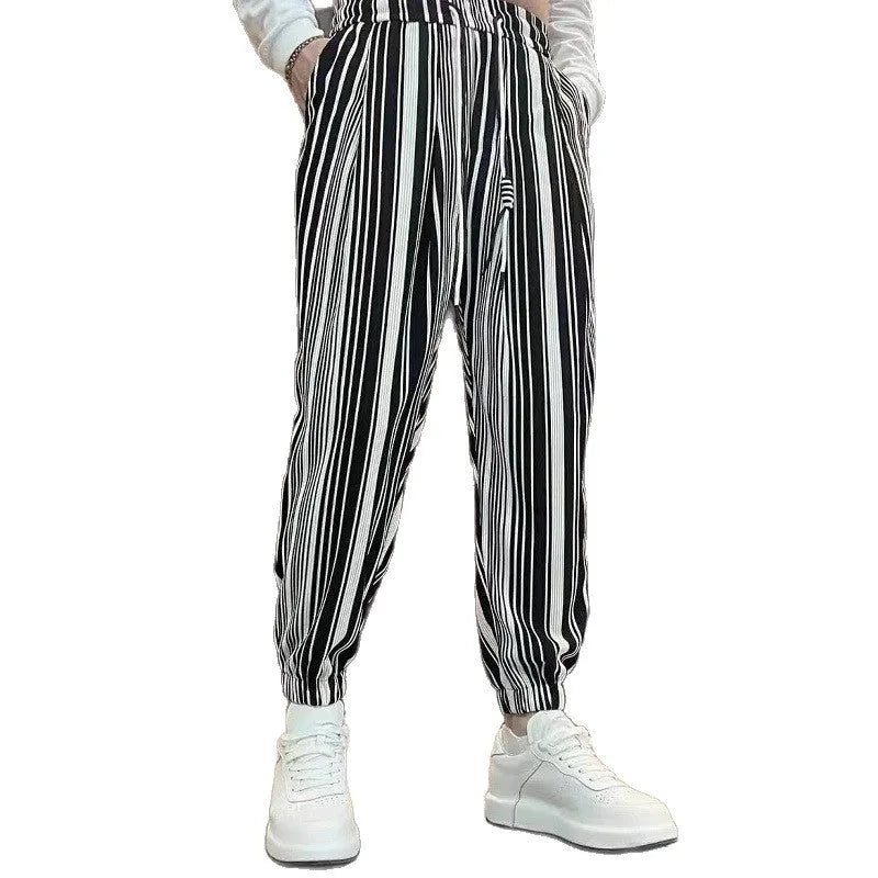 Men's ankle-tied Harlan casual thin cropped ice silk trousers in white or dark grey with striped pattern, sizes M-3XL
