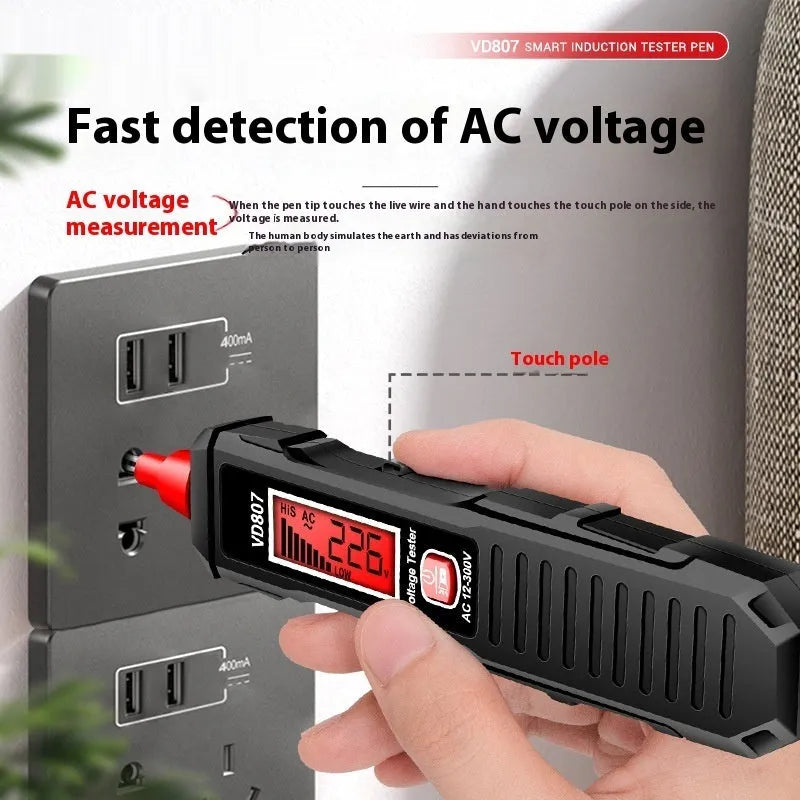 Black digital voltage detector pen with LCD display showing voltage reading