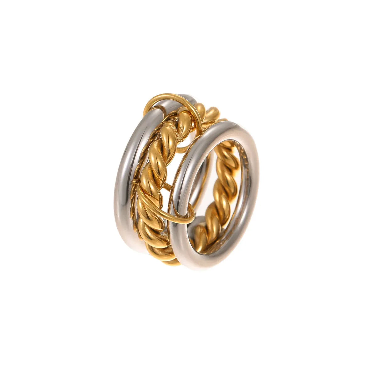 Gold plated stainless steel stackable ring for women in an exaggerated design on a hand.