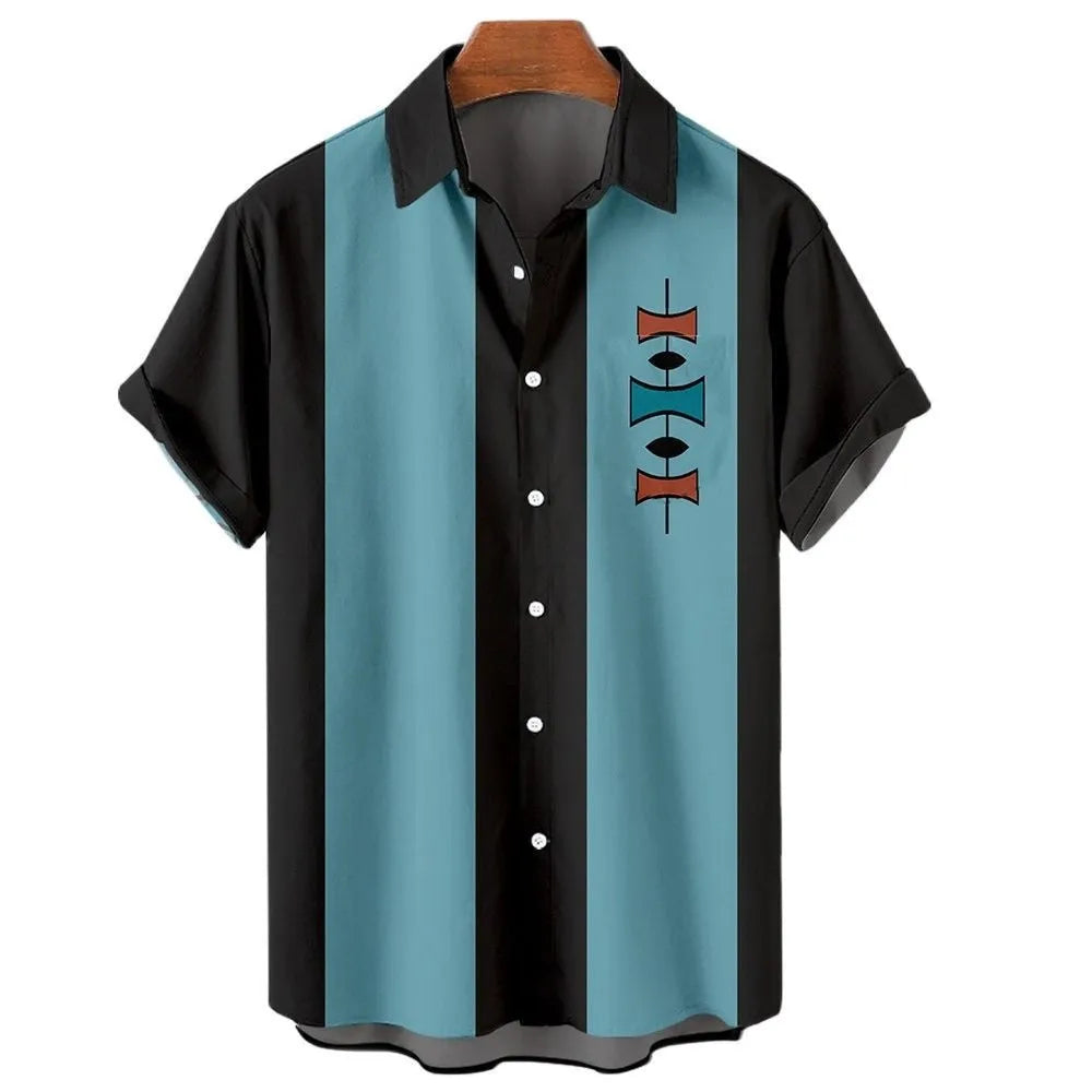Man wearing a blue and white stripe pattern Hawaiian shirt with short sleeves and button front.