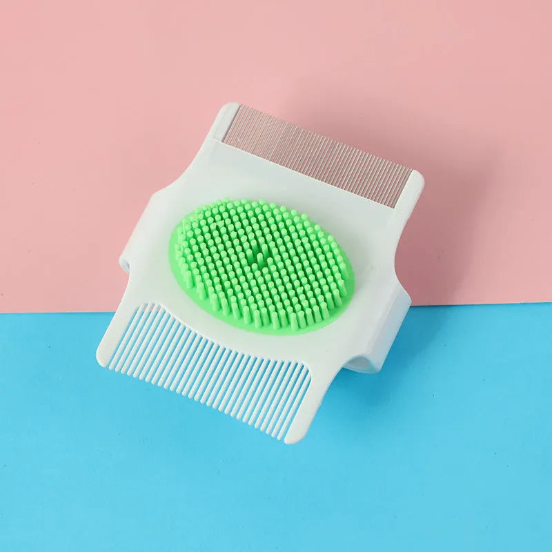 Multifunctional pet comb dog grooming tool in blue or green, compact size 8.5cm by 7.5cm by 2.5cm
