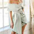 Women's matcha green off-shoulder strapless dress with high waist and lace-up back.