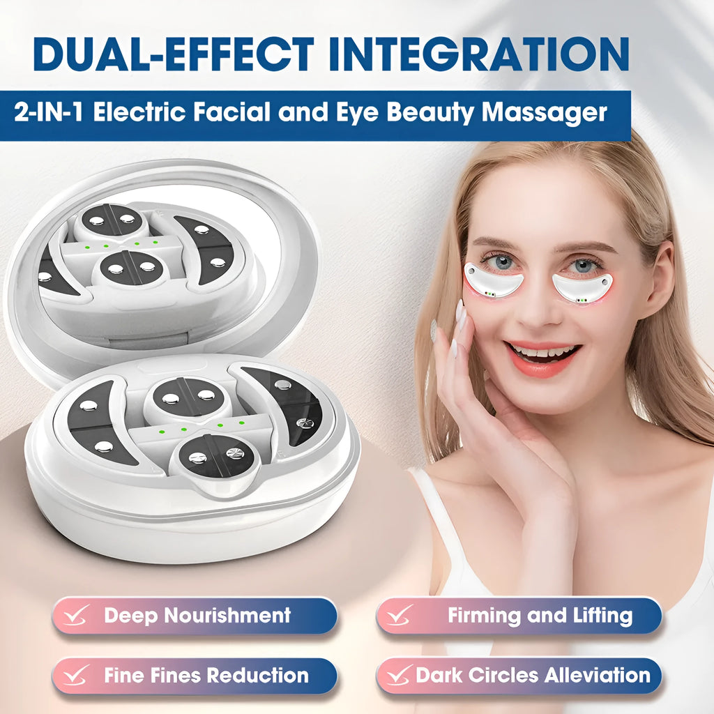 White wireless red light EMS eye and face two-in-one massage device on a table.