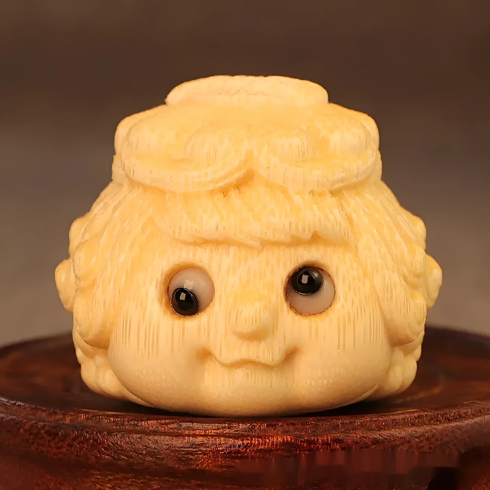Solid bamboo carving of Golden Toad Princess figurine, cute style ornament for Children's Day