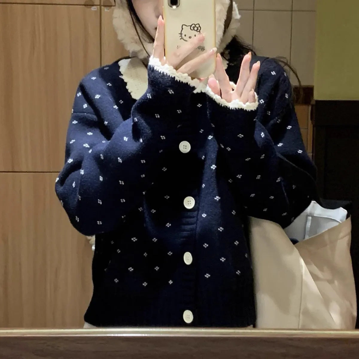 Retro Peter Pan collar floral pattern knitted cardigan in navy blue, apricot, or grey