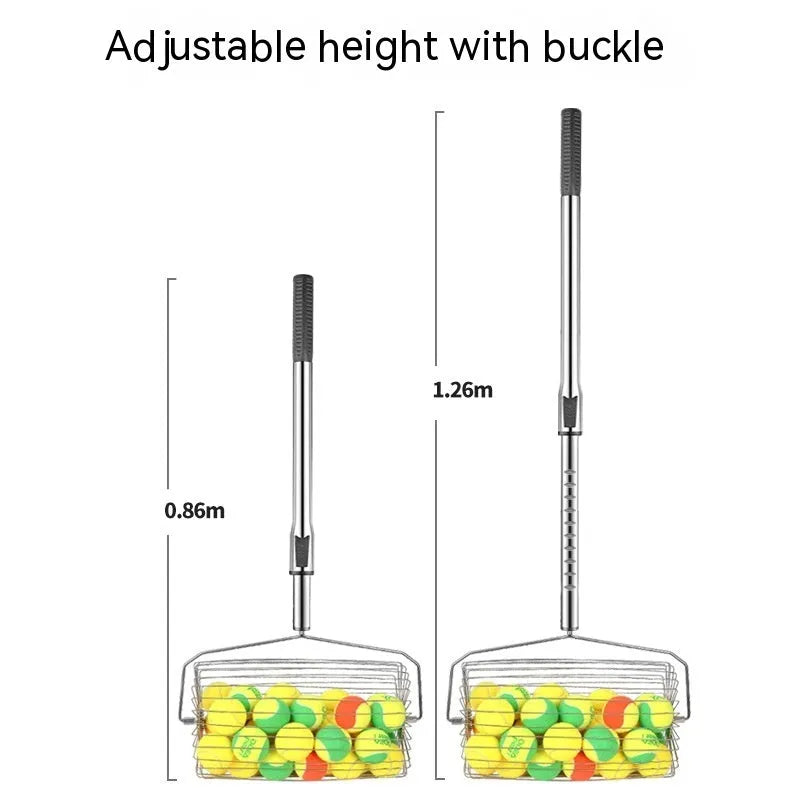 Stainless steel tennis ball picker roller with adjustable handle on tennis court