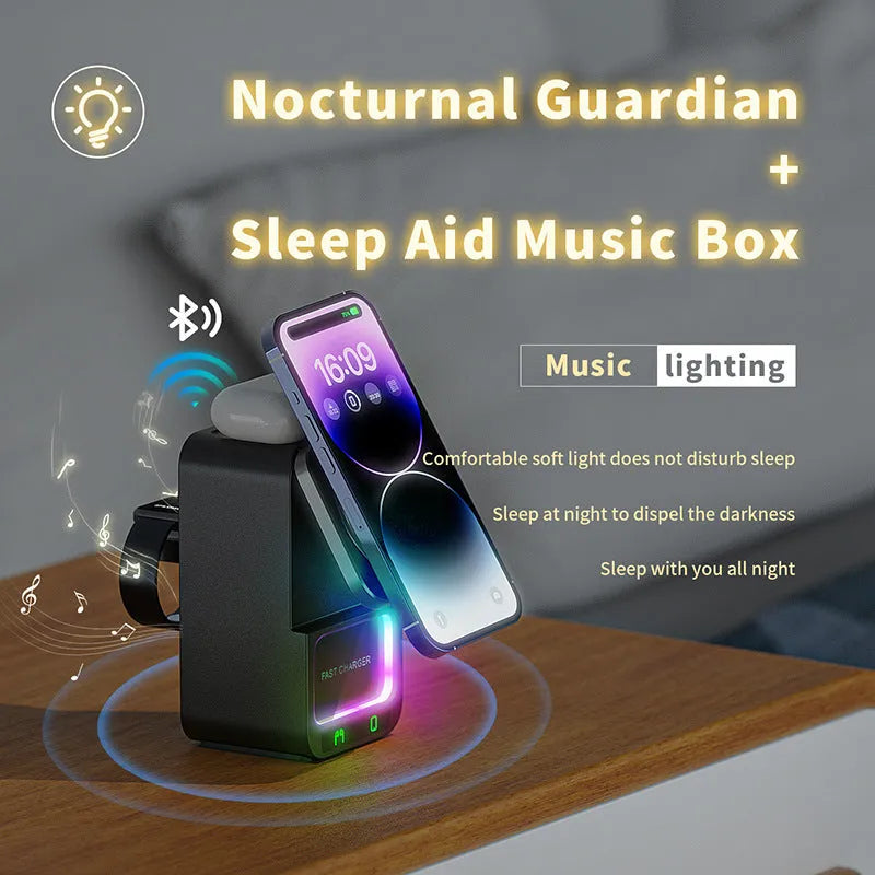 Black and white 5-in-1 Bluetooth speaker wireless charger with QC3.0 fast charging and magnetic support