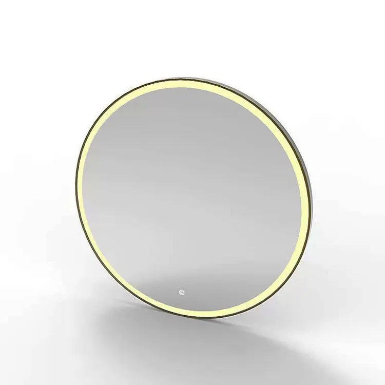 Round smart bathroom mirror with black aluminum alloy frame and LED light in white warm and neutral modes