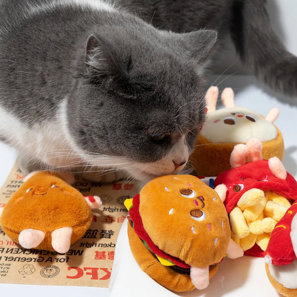 Soft cat teething toy with hamburger and chicken leg designs for kitten chewing