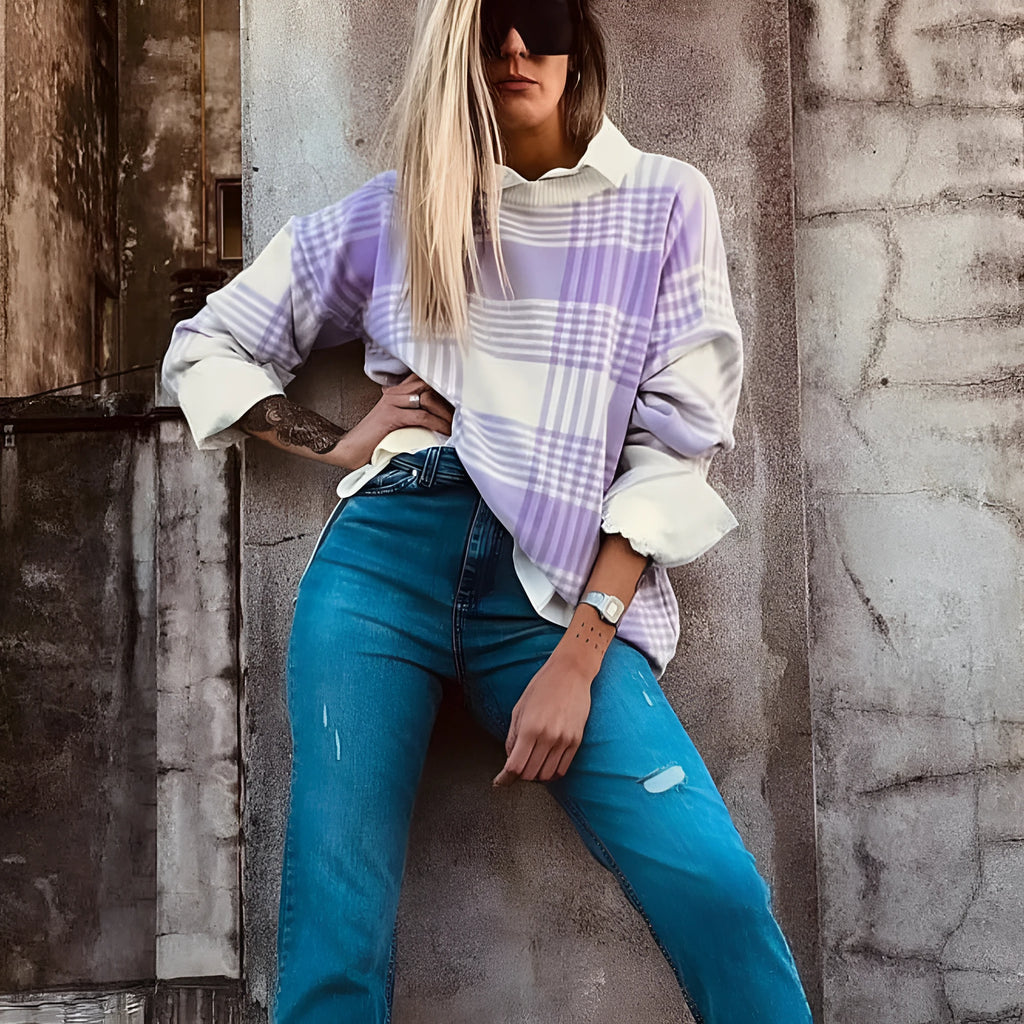 Lilac plaid print loose sweater with ribbed trim on mannequin