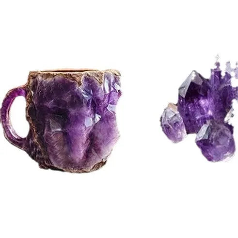 Resin mineral crystal coffee mug with handle in purple colour, showing 3D texture.