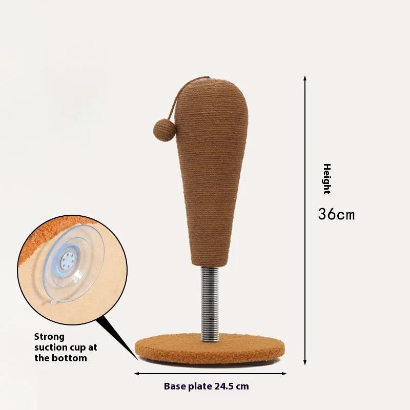 Hemp rope cat scratching post with feeding ball attachment in large and small sizes