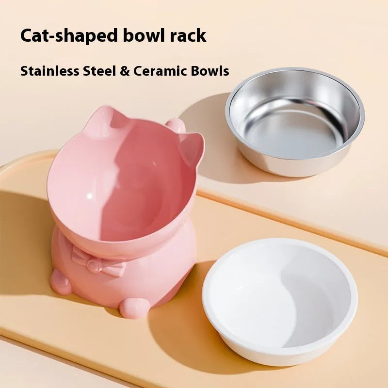 Stainless steel oblique anti-fall cat bowl shown in blue, pink, yellow, and black colour options.