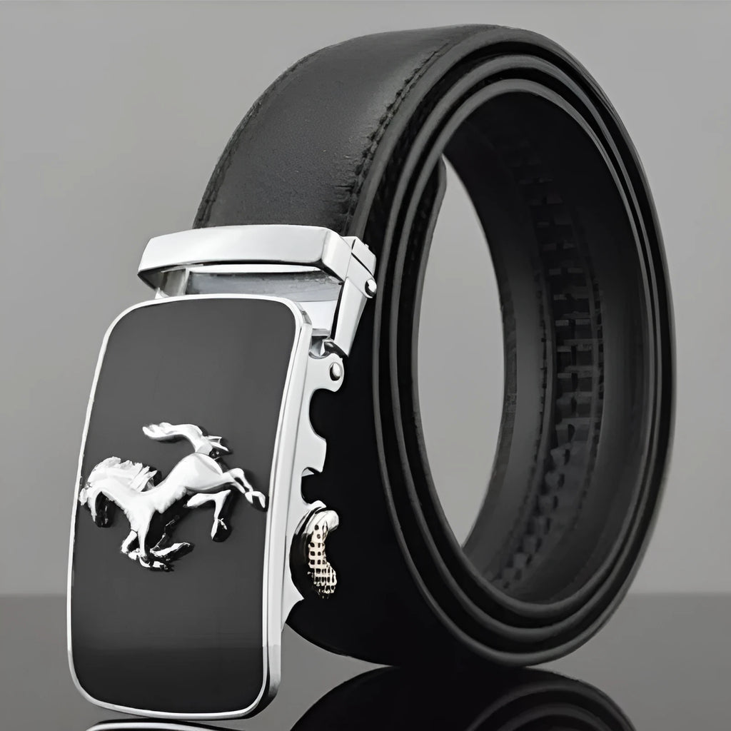 Men's automatic buckle leather belt in cowhide with leopard pattern and gold buckle.