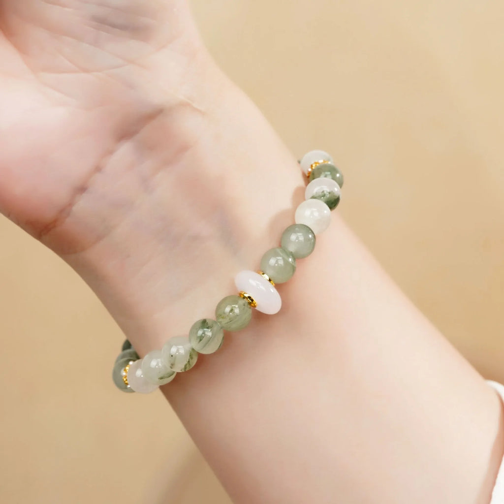 Emerald green Tian Shan Cui jade half bracelet with round beads and traditional national style design
