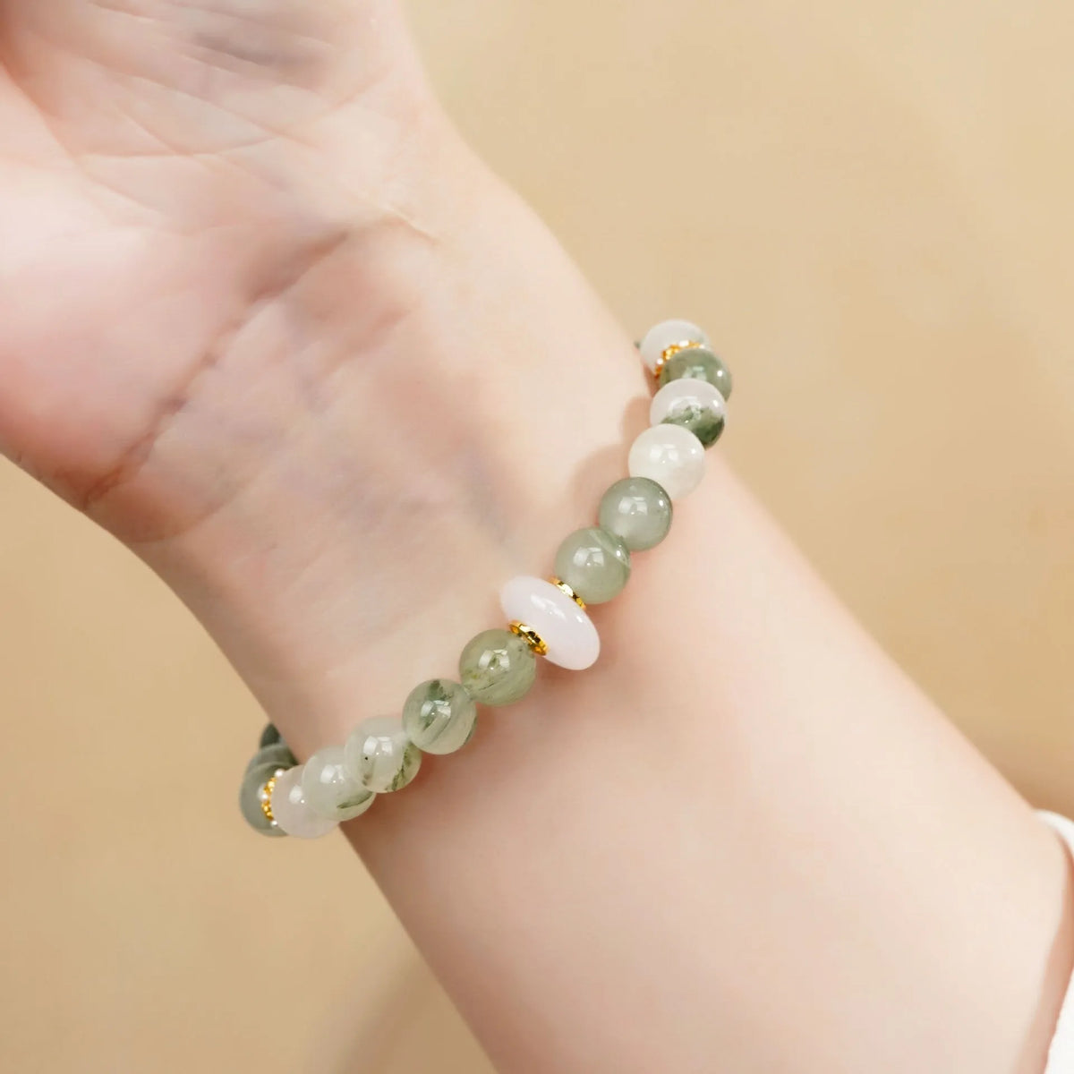 Emerald green Tian Shan Cui jade half bracelet with round beads and traditional national style design