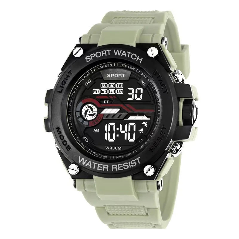 Digital electronic wristwatch for teenagers and students shown in one of ten available colour variations.