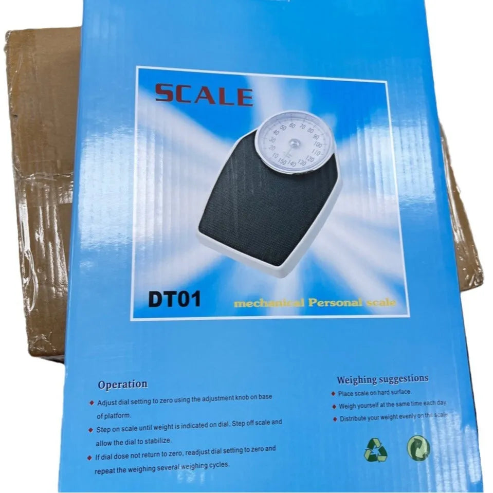 Black mechanical body weight scale with large dial display measuring 47x35x11cm