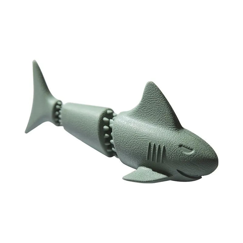 Deep sea shark rubber dog toy in blue or green colour options for pet chewing and play.