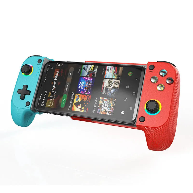 Bluetooth wireless game controller handle for mobile phones showing 17.5cm size and Type-C port