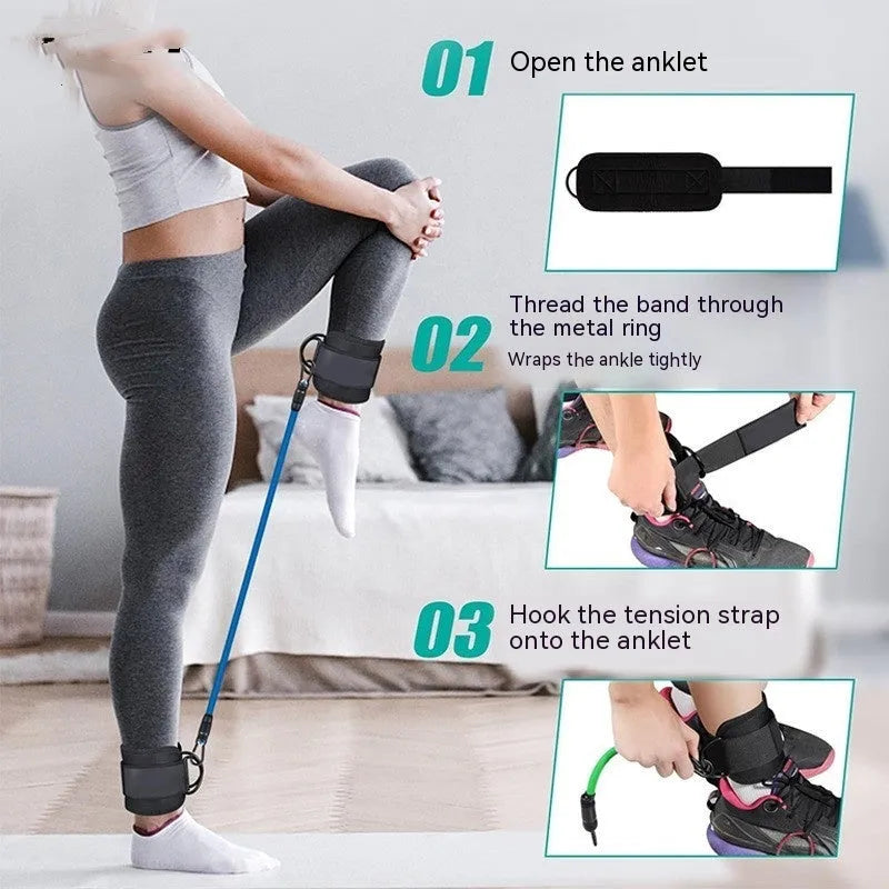 Set of three TPE resistance bands in 10, 20, 30 pound tensions with two black foot loops and a storage bag.