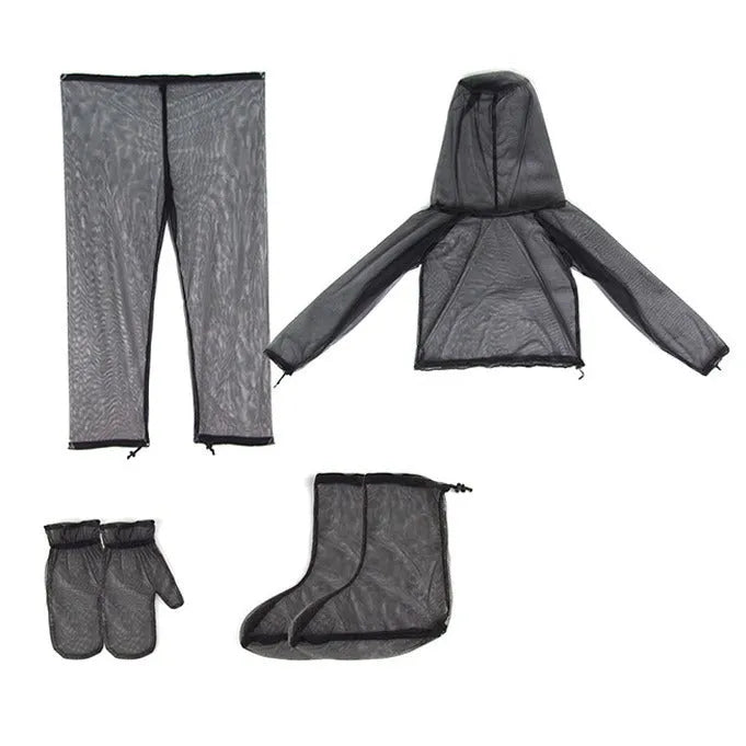 Mosquito protection suit set in mesh fabric, showing hooded top, pants, and booties for outdoor use.