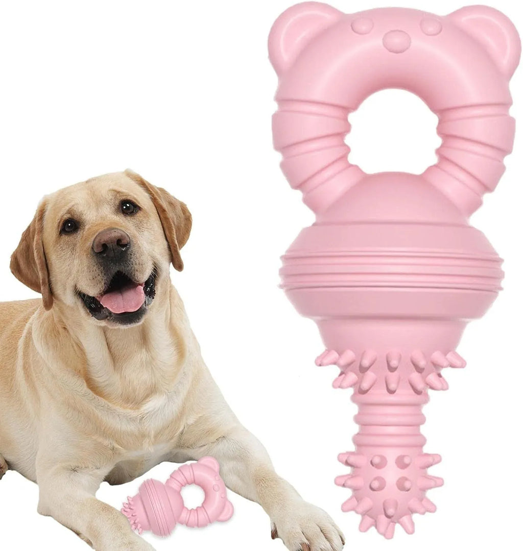 Blue molar-shaped rubber dog chew toy with textured surface for teeth cleaning.